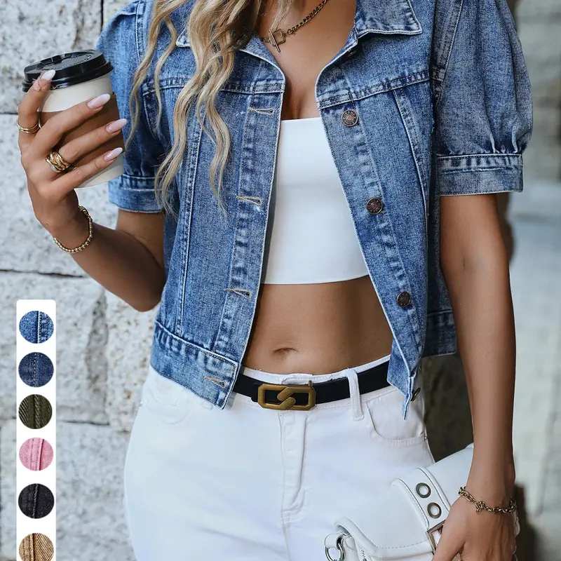 Women's Short Denim Jacket, Bubble Sleeve Single Button Denim Top, Vintage Washed Summer Casual Outerwear, Stylish, Chic and Comfortable
