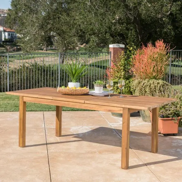 Nokaa Extendable Acacia Wood Outdoor Dining Table, Teak Finish Rectangular Patio Expandable Table, Weather Resistant Slatted Top for Backyard Garden Porch, Adjustable Length 65.75"-85.43"