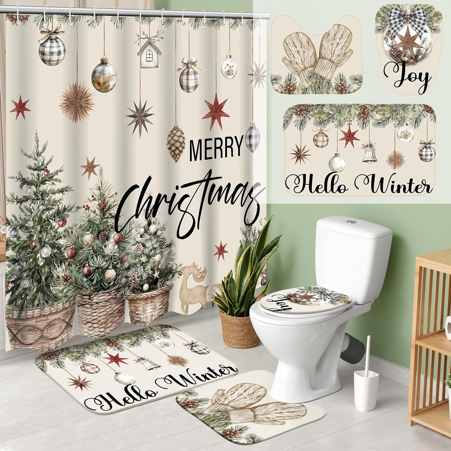 4 Pcs Christmas Shower Curtains Set with Non Slip Rug Winter Christmas Bathroom Decor Toilet Lid Cover and Bath Mat Snowman Shower Curtain with 12 Hooks for Xmas Bathroom Decor