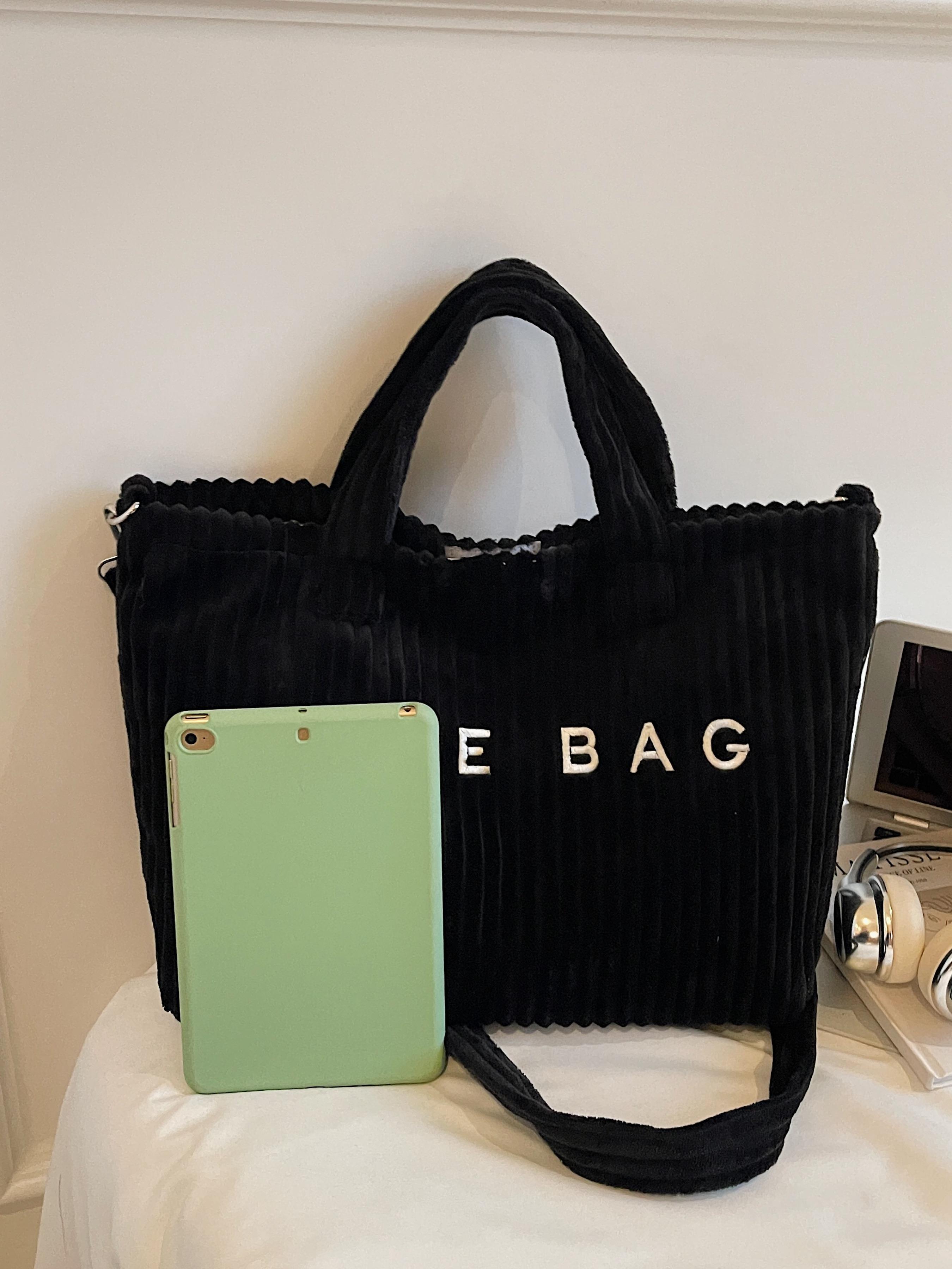 Large Capacity Corduroy Letter Design Handbag, Casual Fashion Shoulder Bag, Work & Daily Use, Everyday Bag, Stylish Tote Bag for Fall & Winter