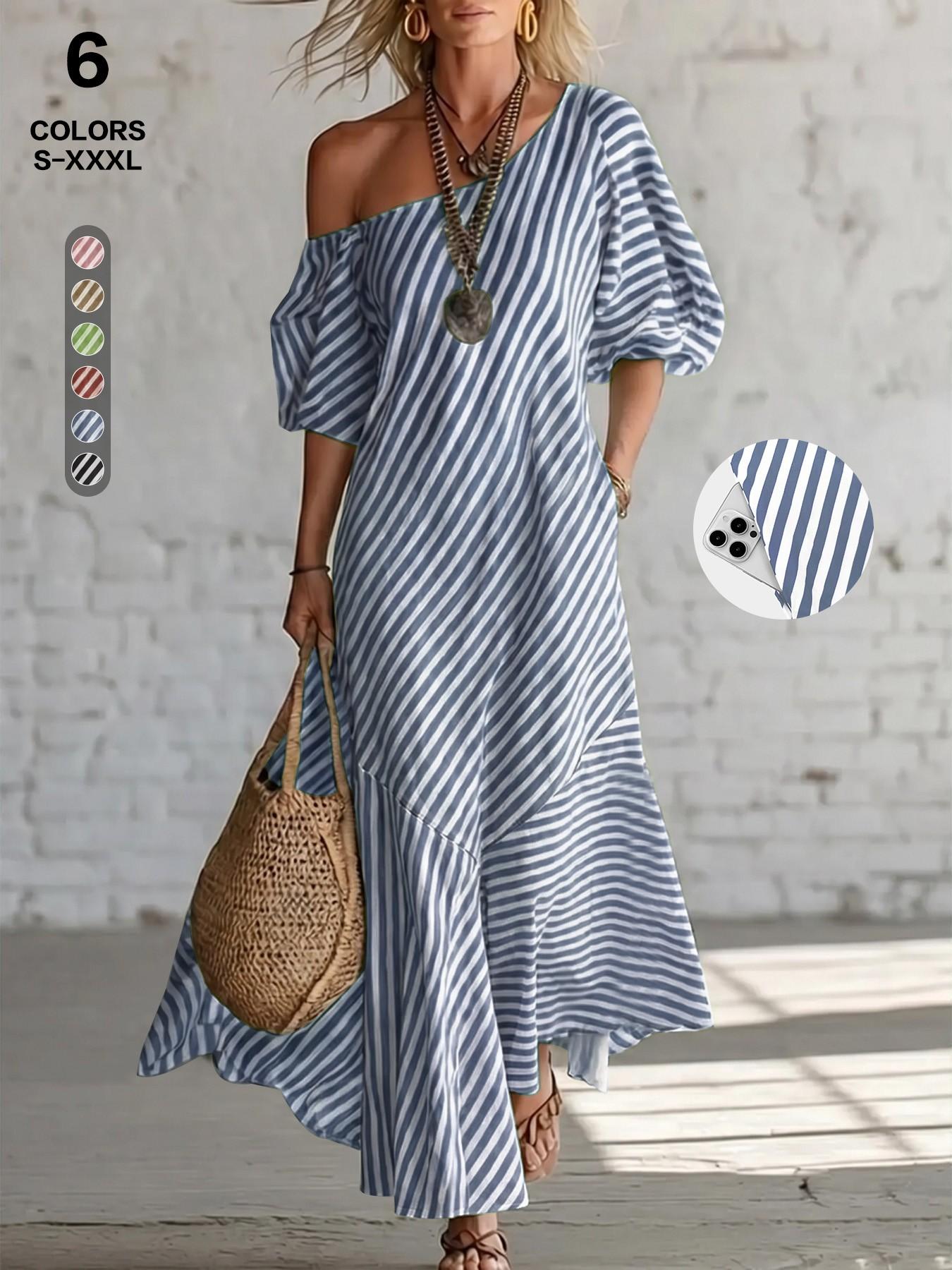 2026 Summer Asymmetric One Shoulder Striped Maxi Dress, Puff Short Sleeve, Irregular Hem, Casual Beach Sundress for Coastal Vacation  house dress Casual Wear Piece