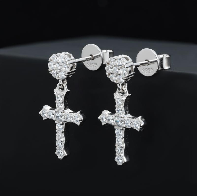 【#E536】Mother's Day gift Iced Out Cross Drop Earring With Flower Stud UCCIYO Synthetic Moissanite Earrings For Women 925 Sterling Silver Stud Earring Men Hip Hop Jewelry Couple Gift