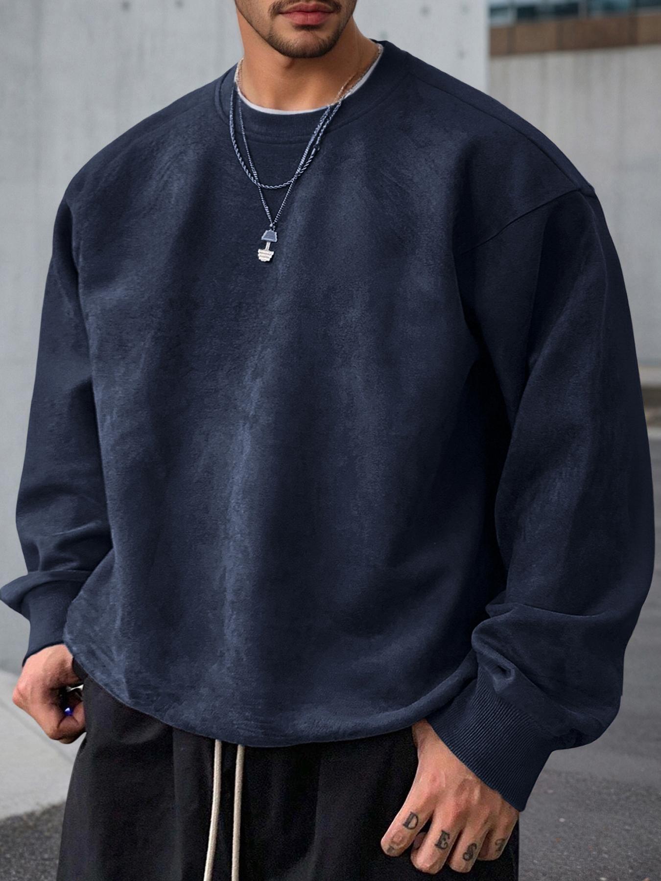 Men's Solid Color Plain Round Neck Drop Shoulder Long Sleeve Fleece Sweatshirt, Casual Fit for Fall & Winter, Comfortable Daily Wear