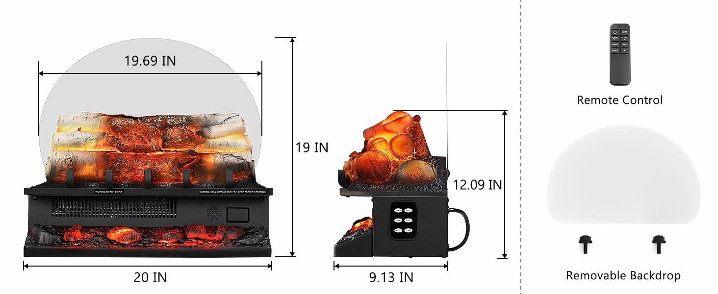R.W.FLAME Electric Fireplace Log Heater,20" Fireplace Inserts with Crackling Sound,5 Flame Brightness,Heater 750W/1500W,Remote Control&Timer,Overheating Protection for Home and Office Decor