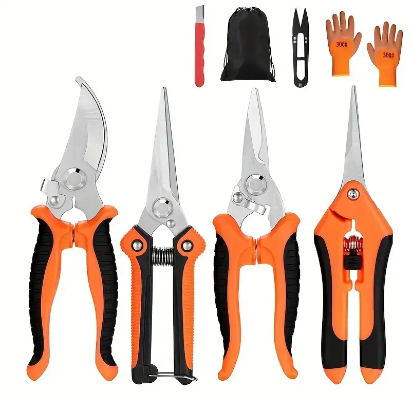 8-Pack Professional Alloy Steel Pruning Shears Set - Pruning Tool with 4 Garden Trimming Scissors Types, Gloves, Storage Bag, Pruning Knife, Spring Parts, Heavy-Duty Bypass Blades, Metal Handle for Plant Branch Trimming, Pruners for Gardening