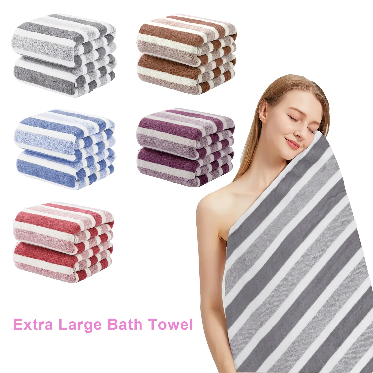 Thick Coral Fleece Bath Towel, Ultra Soft Striped Large Body Towel, High Water Absorption Shower Towels for Bathroom Beach Spa, 70 x 170 cm