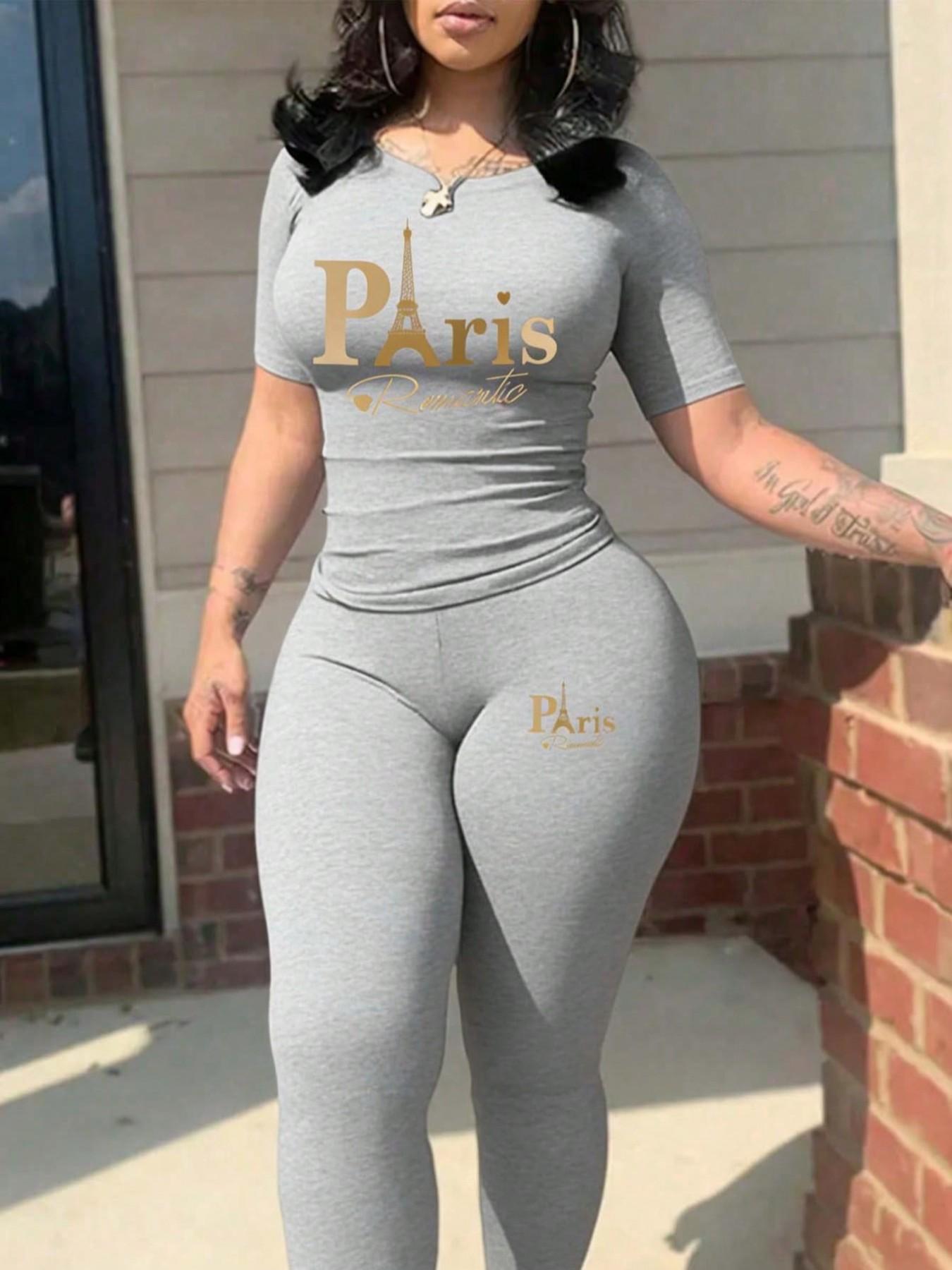 Women's Paris Print Two-Piece Set, Casual Solid Color Short Sleeve Round Neck T-Shirt & Tight Pants, Ladies Fashion Clothing