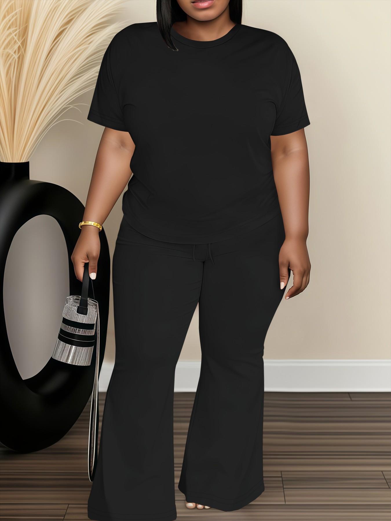 Women's Fashionable Big Size Casual Round Neck Short Sleeve Top & Loose Fit Straight Pants Set, Spring & Fall Comfortable Plain Design Women's Fashionable Big Size Casual Round Neck Short Sleeve Top & Loose Fit Straight Pants Set, Spring & Fall Comfortable Plain Design