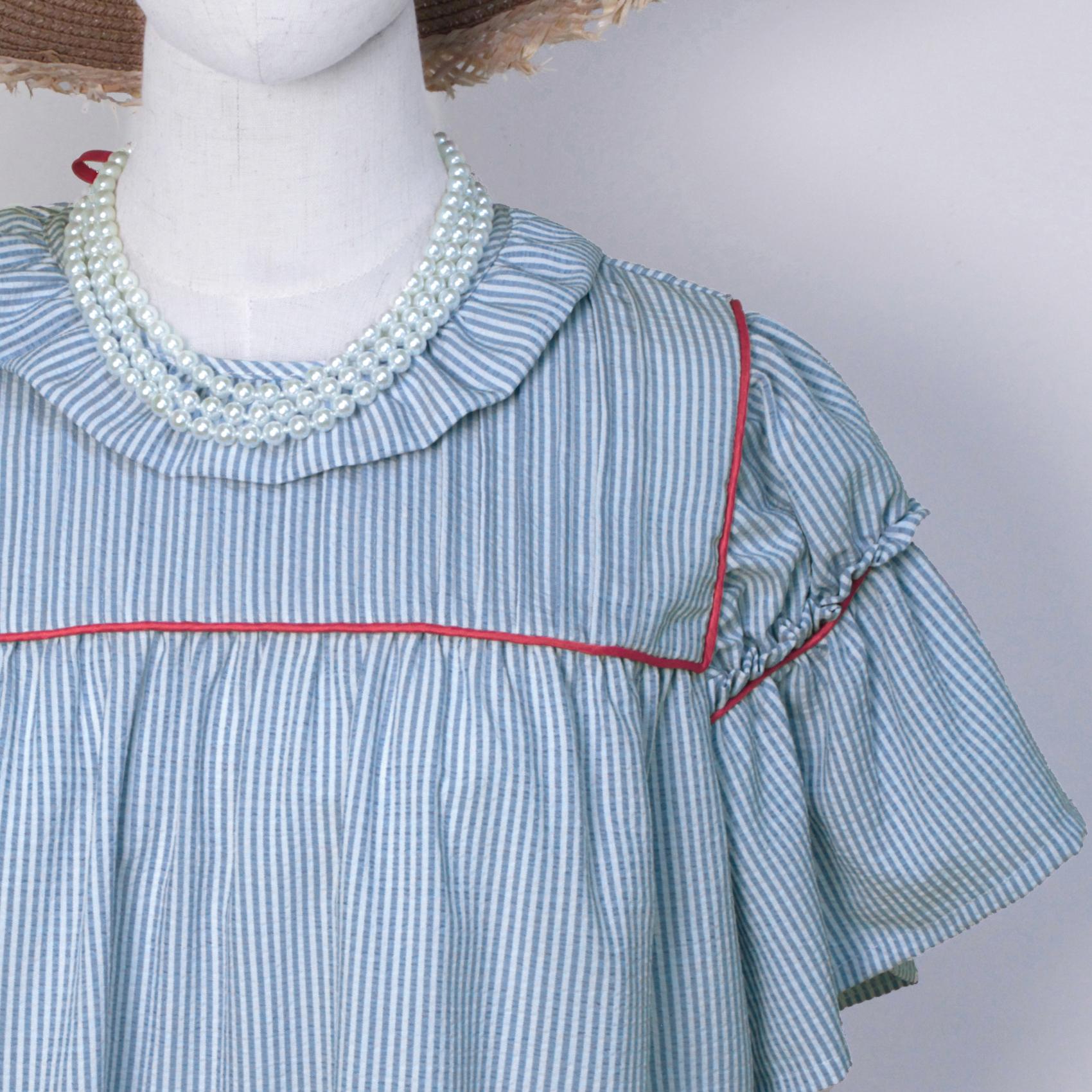 SageVell Beige/Blue Striped Pleated Blouse with Ruffle Sleeves & Red Contrast Trim Top, Round Neck Short Cotton-blend Shirts for Women