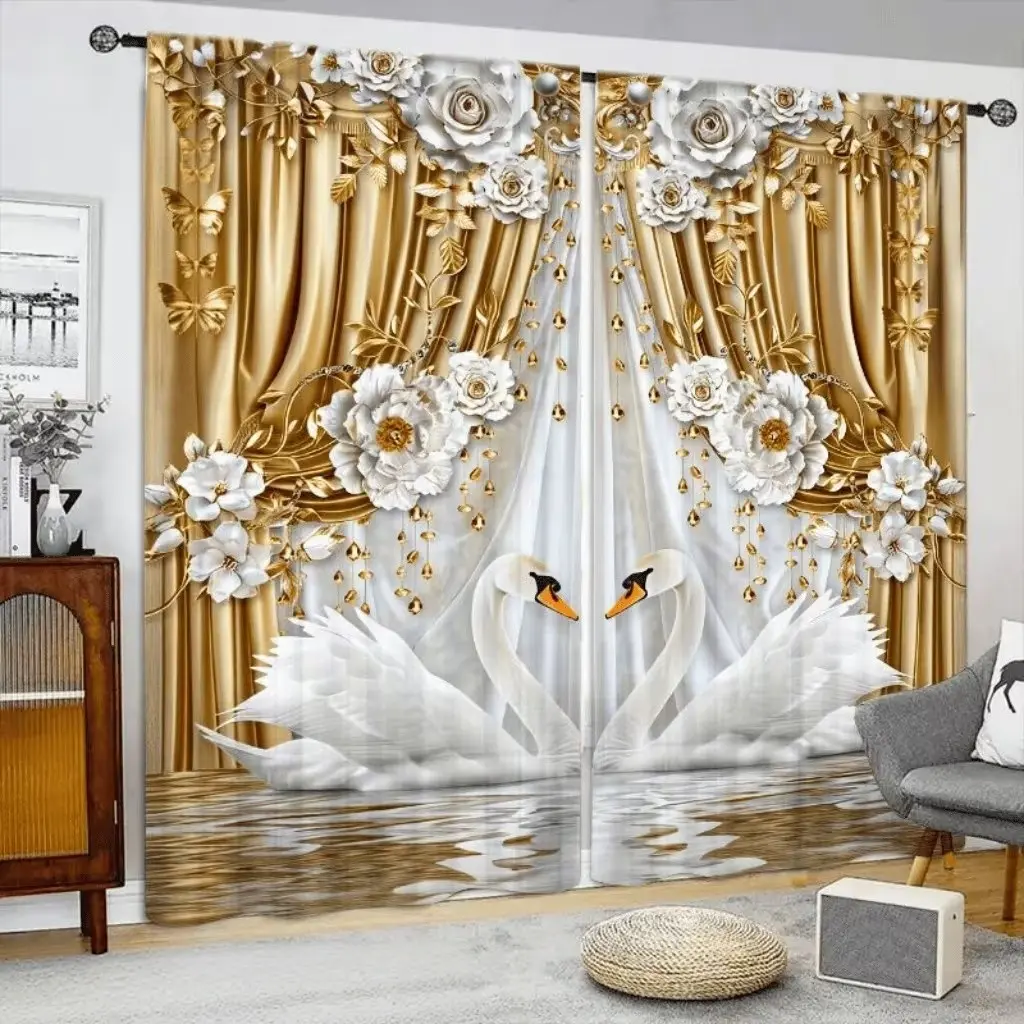 Luxurious Floral Swan Print Curtains, Home Decorative Curtain, Home Decoration Curtain, Fashionable Rod Pocket Window Drapes for Bedroom and Living Room, Easy Installation, Home Textile
