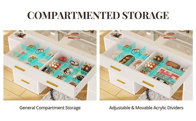 Sikaic Makeup Vanity with Mirror and Lights, 10x Magnifying Mirror & Power Outlets, Glass Top Vanity Desk Furniture Table