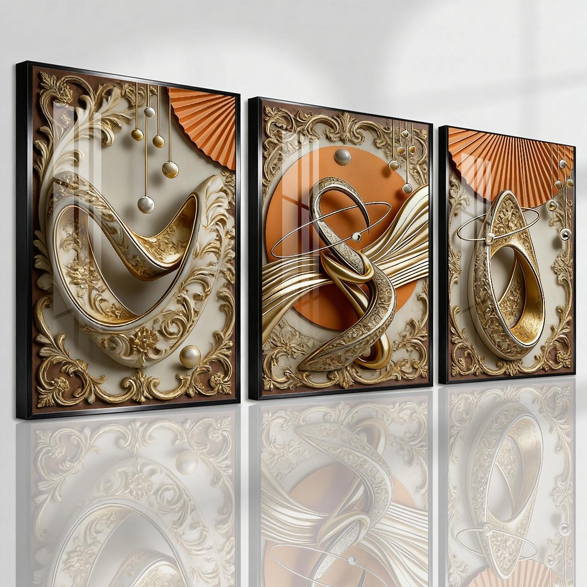 3 Counts Aluminum Alloy Framed Painting, Abstract Gold And Beige Geometric Art Pictures, Home Decoration For Living Room, Bedroom, Office, Restaurant, Hallway Wall Decor, Odorless Print Artwork, Luxury Perfect Gift For Friends And Family