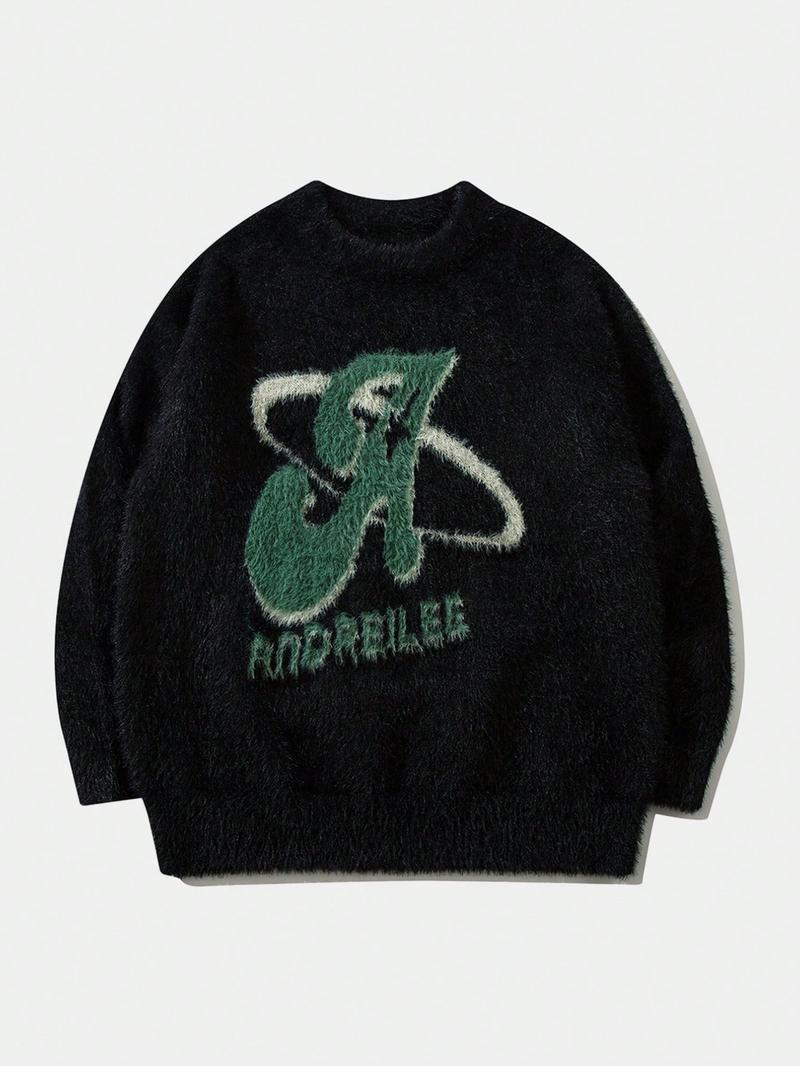 Casual Loose-Fitting Men's Gender-Neutral Sweater with Letter Pattern, Stylish Round Neck Long Sleeve Knit Loose Casual Pullover for Fall & Winter