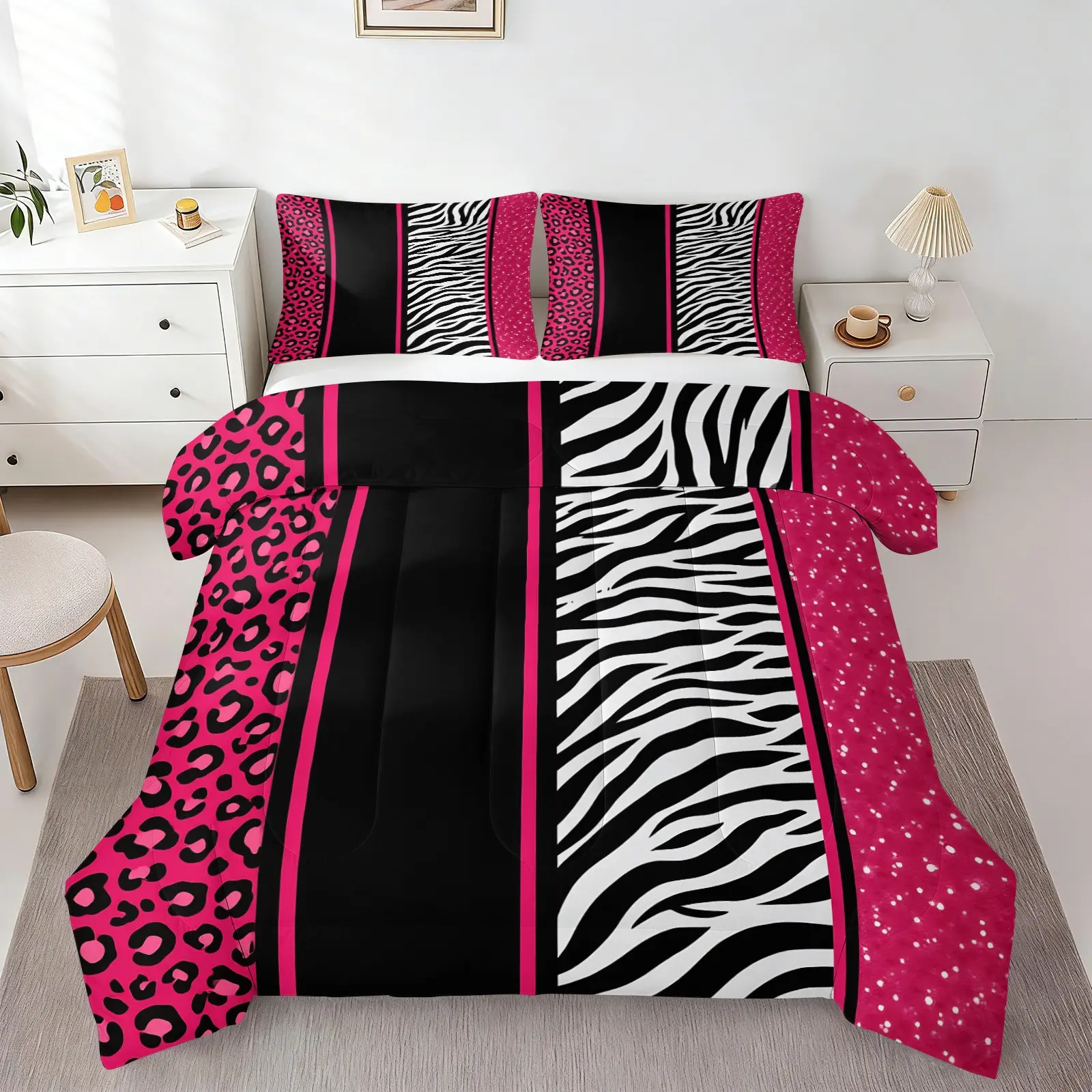 Leopard Print Zebra Pattern Comforter Set with 1-2 Coreless Pillowcases, Hot Pink Leopard Print, Black, Black White Zebra Print, Rose Red Polka Dot Splicing, Soft Warm Y2K Style Bedroom Decor, Perfect Gift Choice