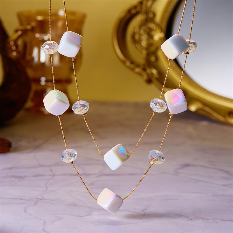 Minimalist Geometric White Aurora Square Necklace for Women Double Layer Locket Chain Elegant Modern Fashion Jewelry