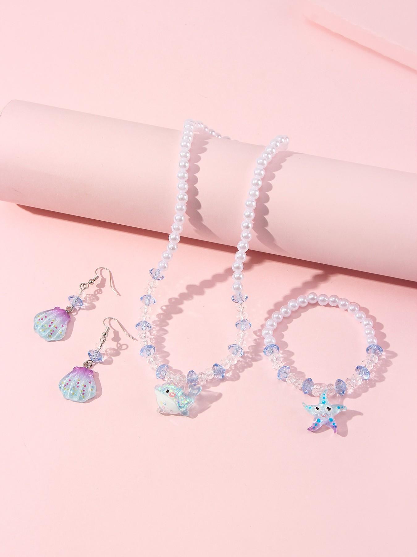 4pcs/set Acrylic Ocean Animal Pendant Pearl Bead Necklace Bracelet Set, Cute Butterfly Pattern, All Seasons, Perfect Gift for Girls