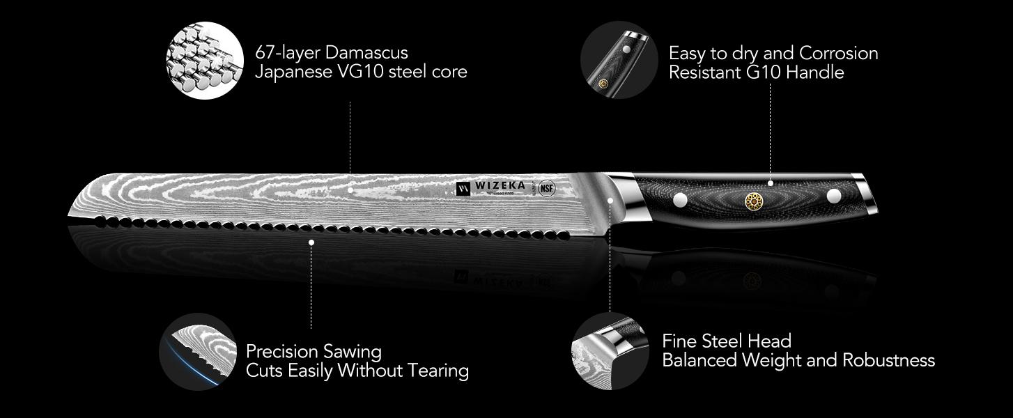 WIZEKA Damascus Serrated Bread Knife, 10 inch Bread Knife for Homemade Bread, Razor Sharp VG10 Damascus Steel Multifunction Serrated Knife for Slicing Homemade Bread, Bagels, Cake Kitchen Cutting Kitchenware Blade