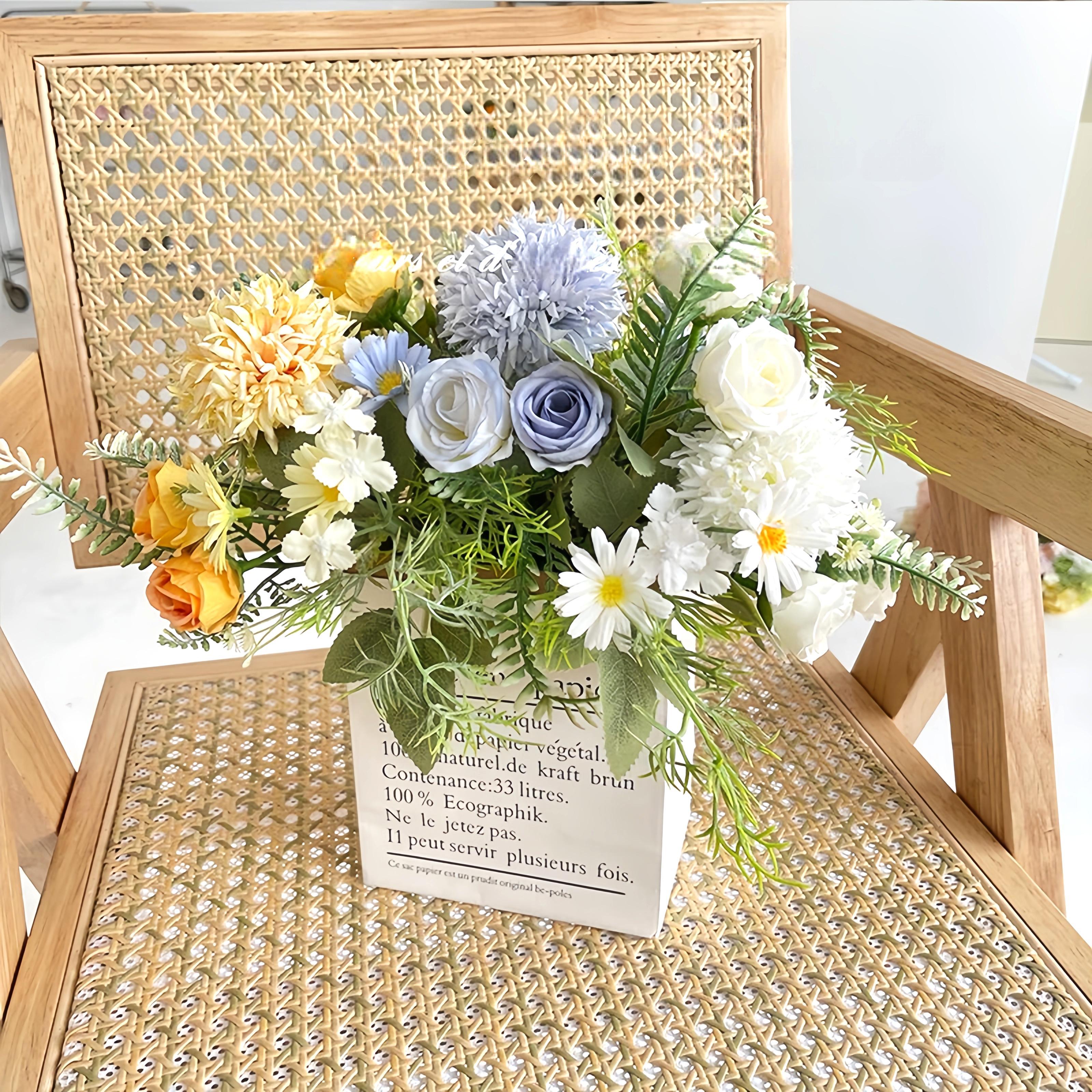 5Pcs Artificial Flowers 7 Stems Mixed Fake Bouquet with Rose Daisy Chrysanthemum Hydrangea, No Fade Faux Flower Arrangement for Wedding Bridal Bouquet Home Decor Garden Party Gift, Rustic Farmhouse Style