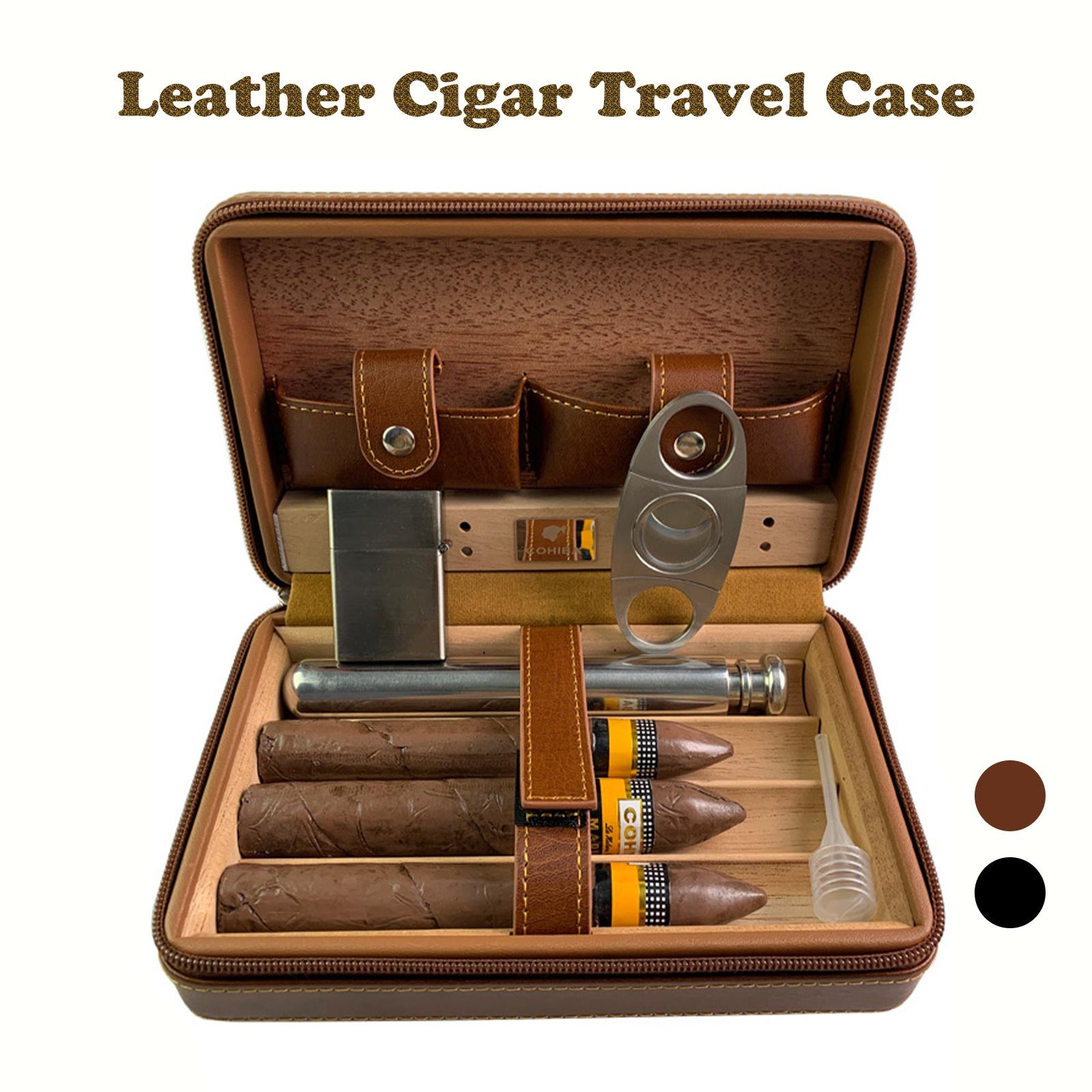 Portable Cigar Travel Case, 1 Count Wooden Lined Humidor with Zipper Closure, Elegant Leather Exterior Storage Box for Home & Travel, Organizer