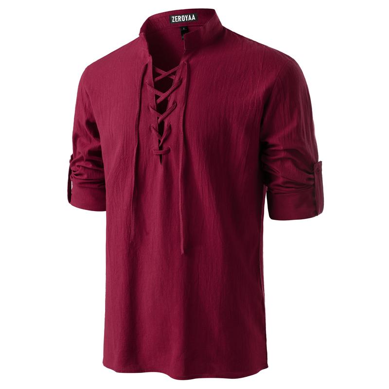 ZEROYAA Men's Medieval Vintage Long Sleeve Lace Up Shirt Renaissance Costume for Halloween Viking Pirate Cosplay Casual Menswear Funny Shirts Cotton High Quality Beige V-Neck Banded Collar Roll-up Sleeves ZEROYAA Men's Medieval Vintage Long Sleeve Lace Up Shirt Renaissance Costume for Halloween Viking Pirate Cosplay Casual Menswear Funny Shirts Cotton High Quality Beige V-Neck Banded Collar Roll-up Sleeves