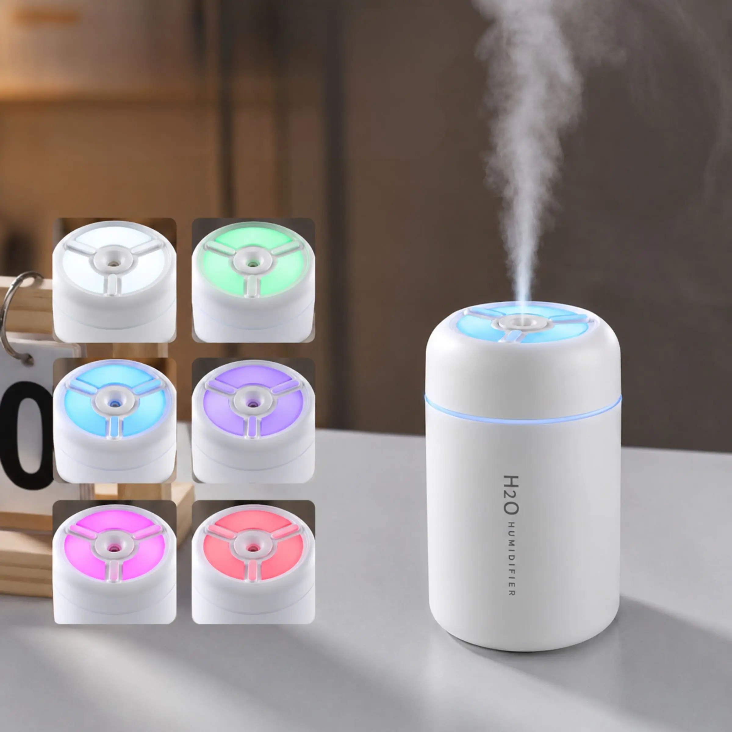 Portable Mist Humidifier with Colorful Lights, 2 Spray Modes, RGB Breathing Light, 300ML Water Tank, USB Plug-in, Suitable for Bedroom, Office, Car and Sleeping, Bedside Humidifier