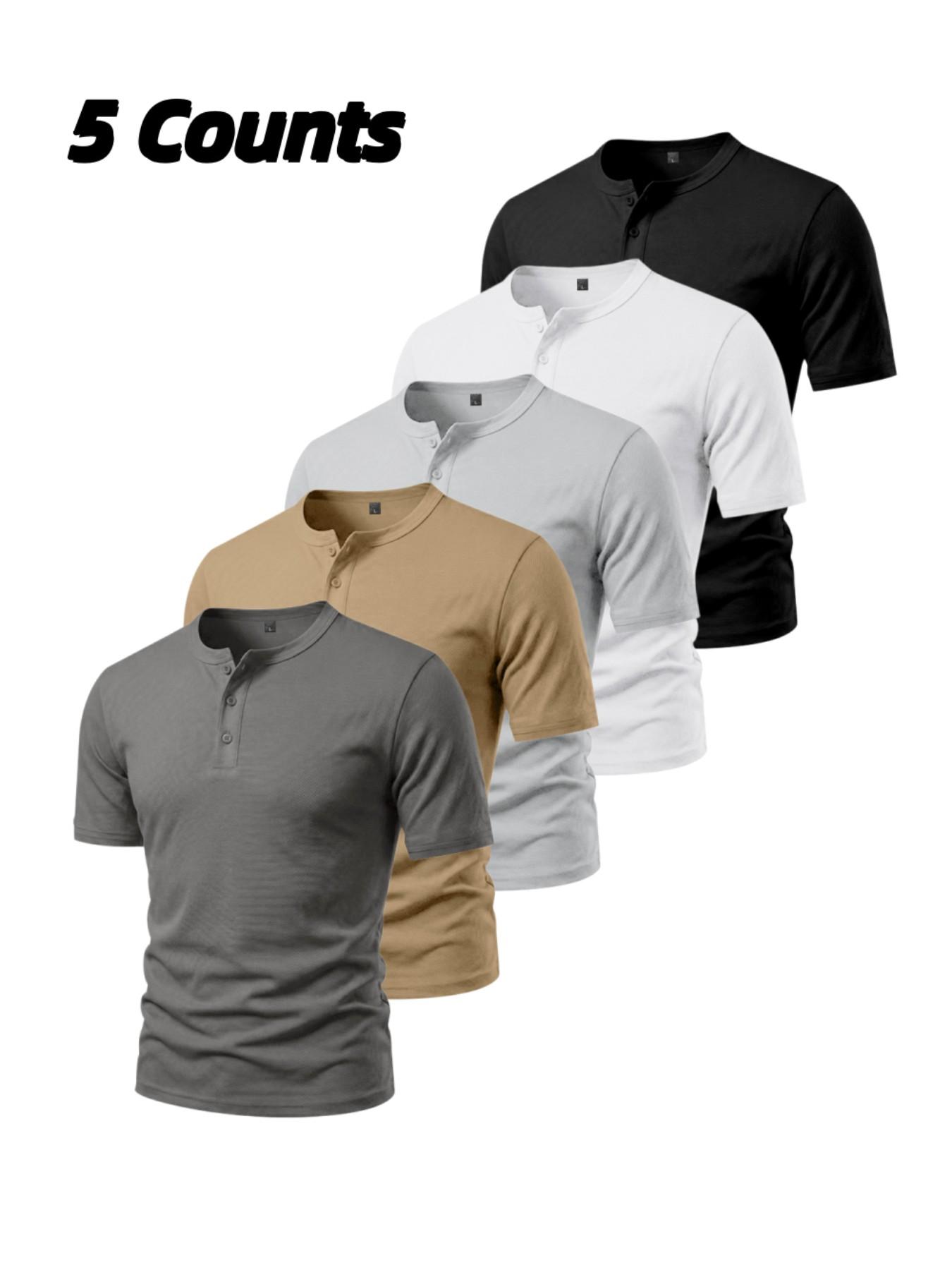 Men's 5-Pack Three-Button Mesh Short Sleeve Henley T-Shirts, Athletic Apparel, Summer Breathable Solid Color Casual Sports Tops, Comfortable Basic Top, Fitness T Shirt