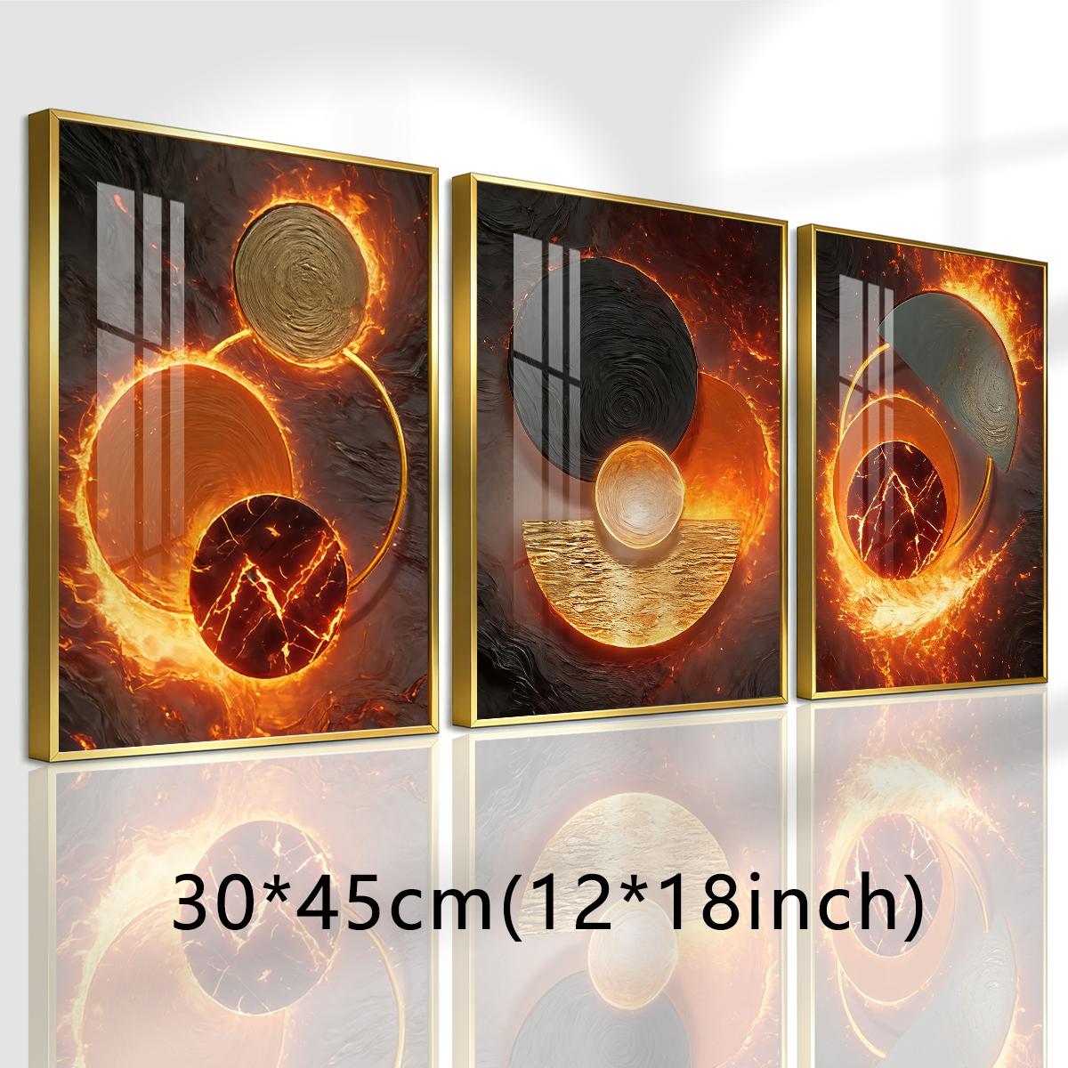 3 Counts Aluminum Alloy Framed Painting, Abstract Fire And Lava Geometry Pictures, Home Decoration For Living Room, Bedroom, Office, Restaurant, Hallway Wall Decor, Odorless Print Artwork, Luxury Perfect Gift For Friends And Family