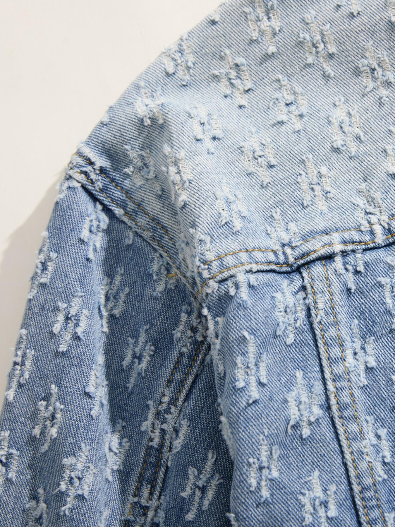 Men's Trendy Street Style Washed Light Color Single Button Long Sleeve Denim Jacket, Casual Ripped Jean Coat, Perfect Gift for Boyfriend