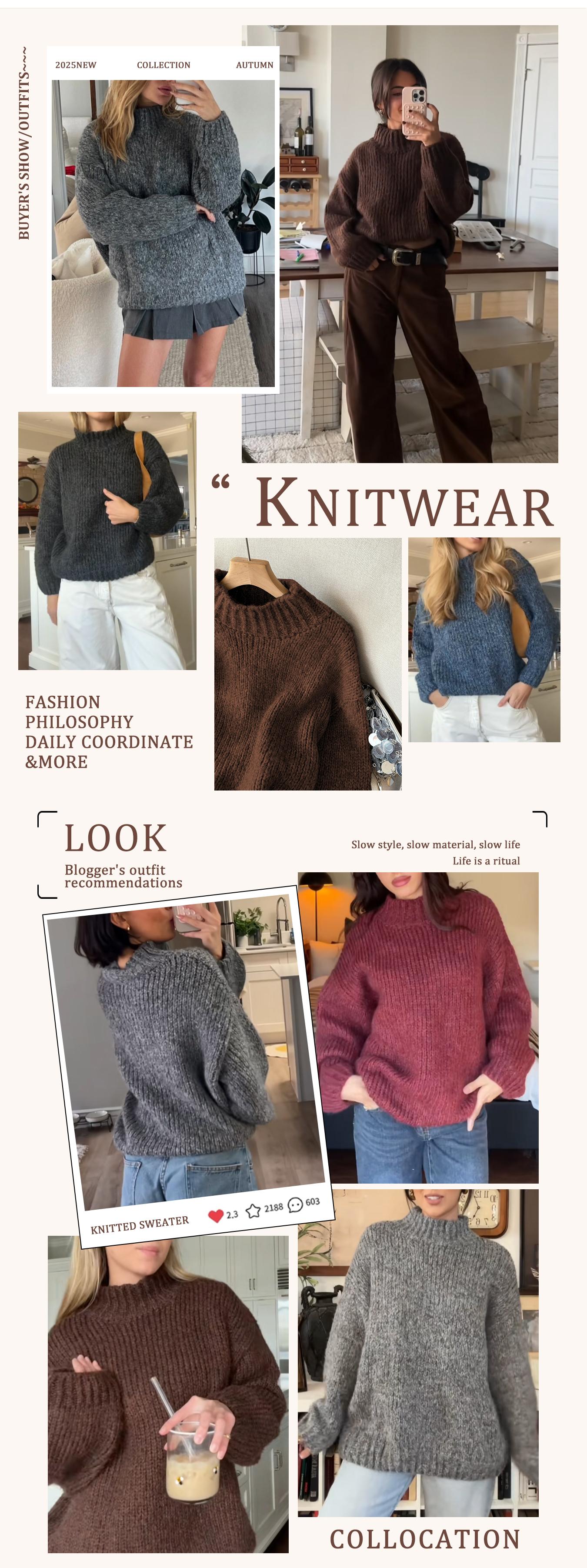 Autumn Winter Women's Sweater, Casual High Neck Knitwear, Simple Style Pullover, Long Sleeve Drop Shoulder Design, Cozy Fashionable