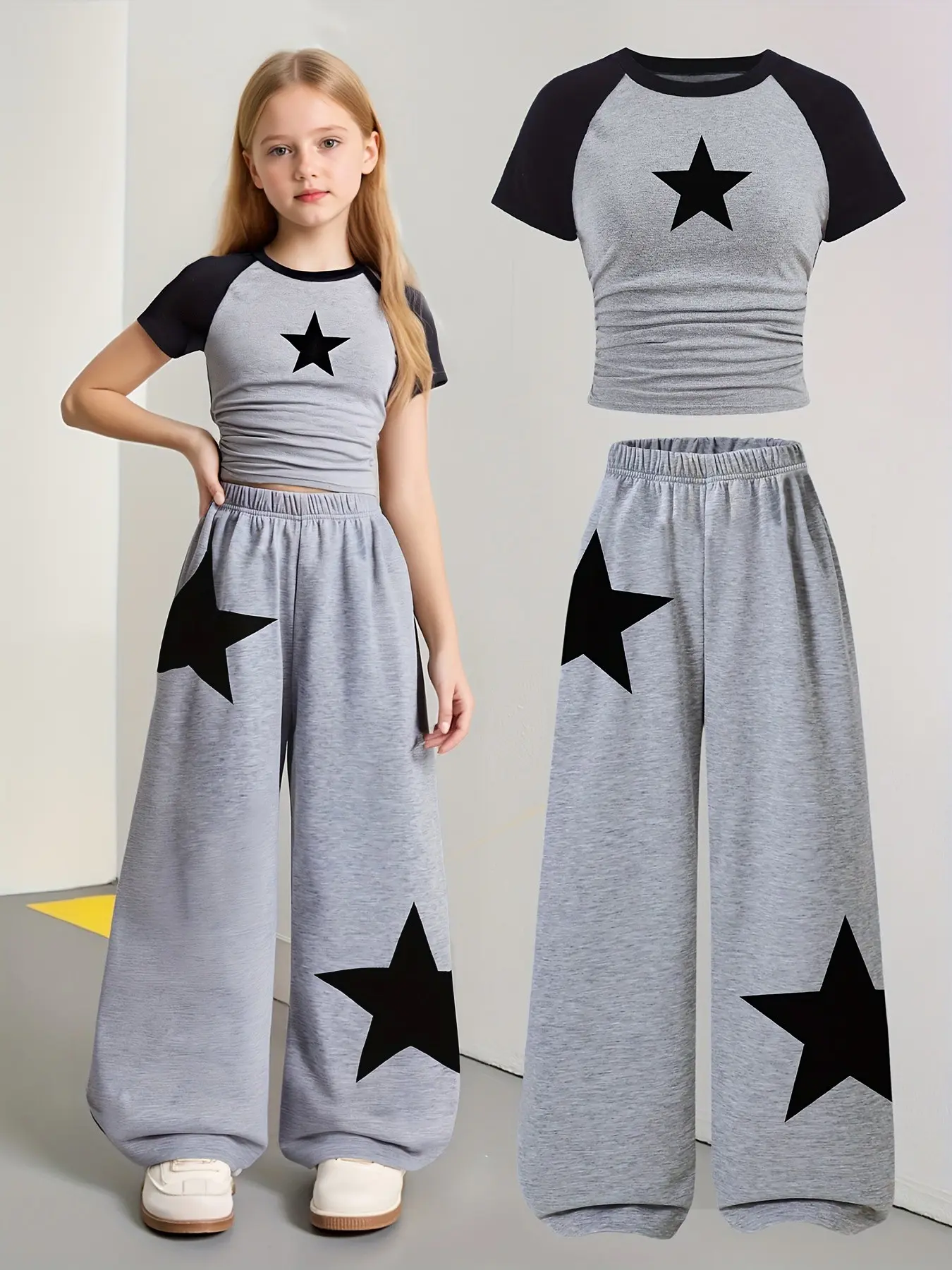 Girls Trendy Two-Piece Set for Back to School, Wide-Leg Sports Pants with Star Pattern, Perfect for Spring & Summer Celebrations