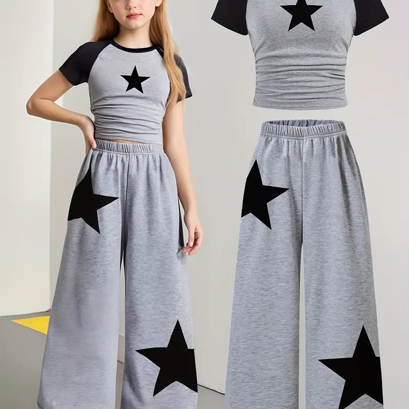Girls Trendy Two-Piece for Back to School, Wide-Leg Sports Pants with Star Pattern, Perfect for Spring & Summer Celebrations, Fashion Clothes Sets
