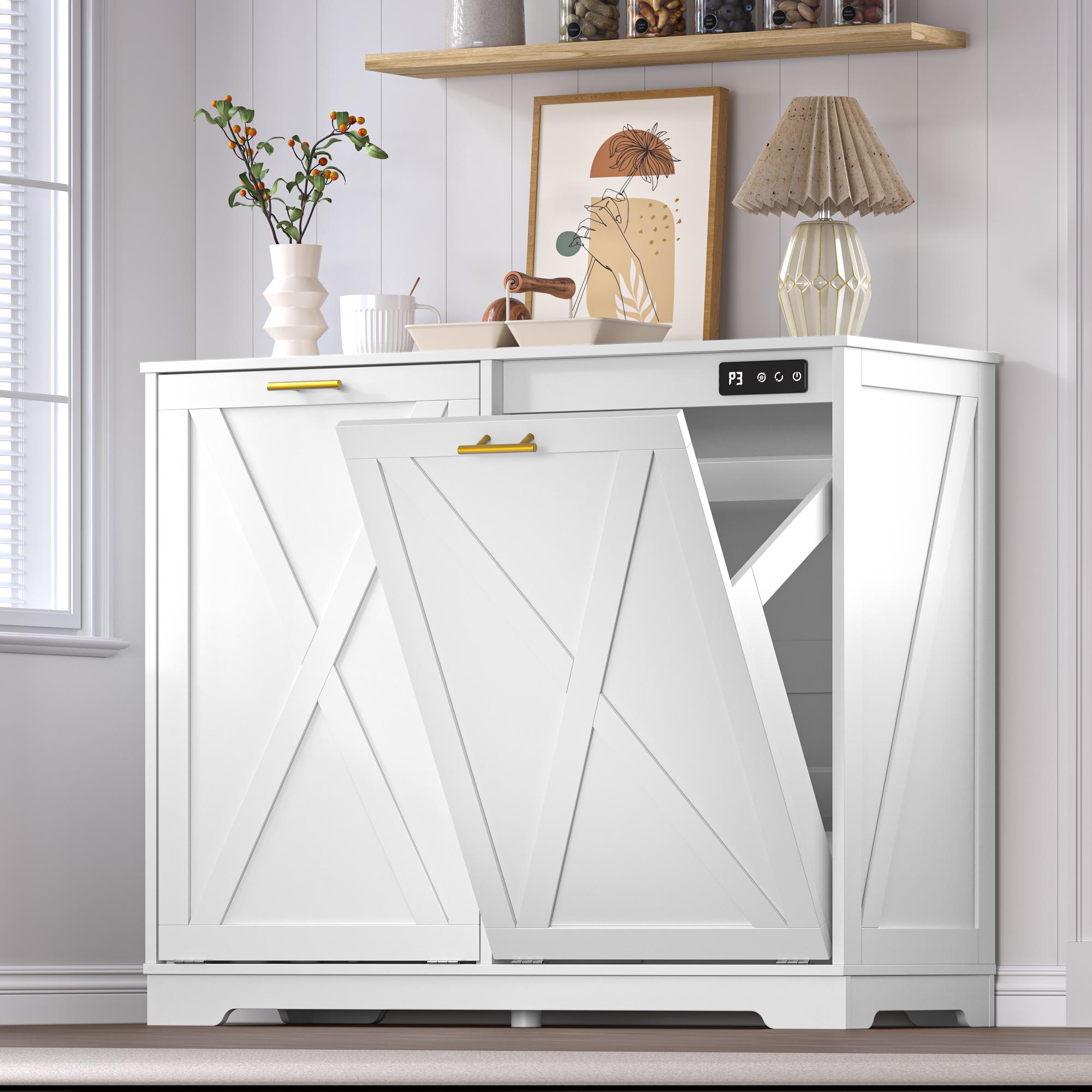 Tilt Out Trash Cabinet for 2 Bins, Hidden Recycle Garbage Bin Enclosure, Wooden Double Laundry Cabinet with Odor Control, Negative Ion & Ozone, for Kitchen, Bathroom, Laundry Room Tilt Out Trash Cabinet for 2 Bins, Hidden Recycle Garbage Bin Enclosure, Wooden Double Laundry Cabinet with Odor Control, Negative Ion & Ozone, for Kitchen, Bathroom, Laundry Room