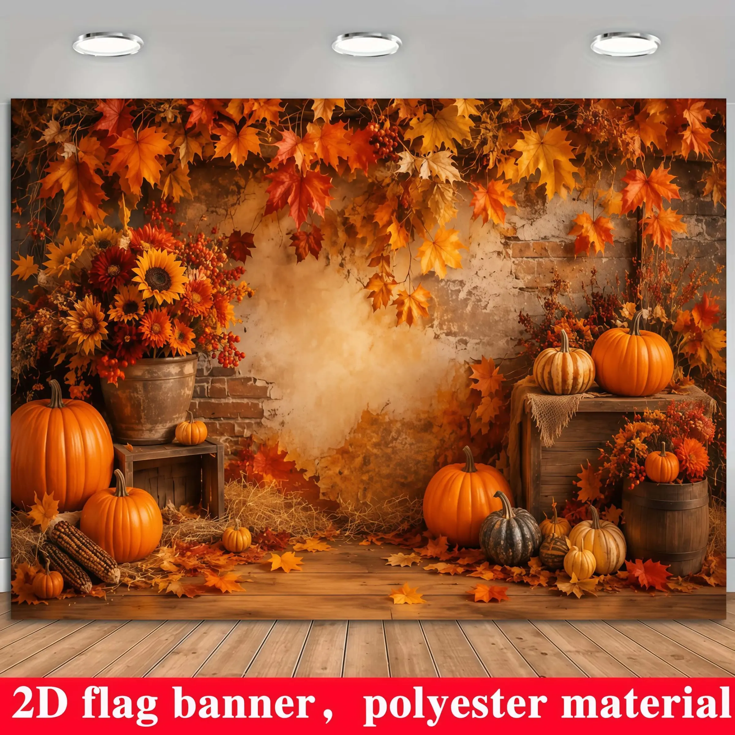 2D Flat 1pc Fall Thanksgiving Backdrop Cloth, Vintage Weathered Brick Wall, Hanging Orange‑red Maple Leaves, Sunflower Bouquets, Assorted Pumpkins Hay Corn, Wooden Crates Barrels, Rustic Farm Style for Autumn Party Photoshoot