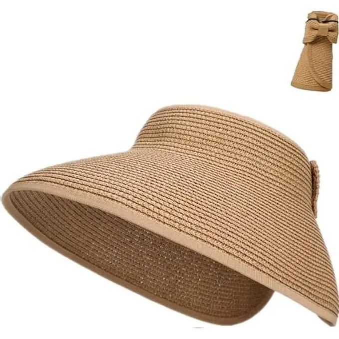 Women's Universal Wide Brim Foldable Straw Sun Visor with Ponytail Hole - Packable Summer Beach Hat, Sports & Outdoor Accessory