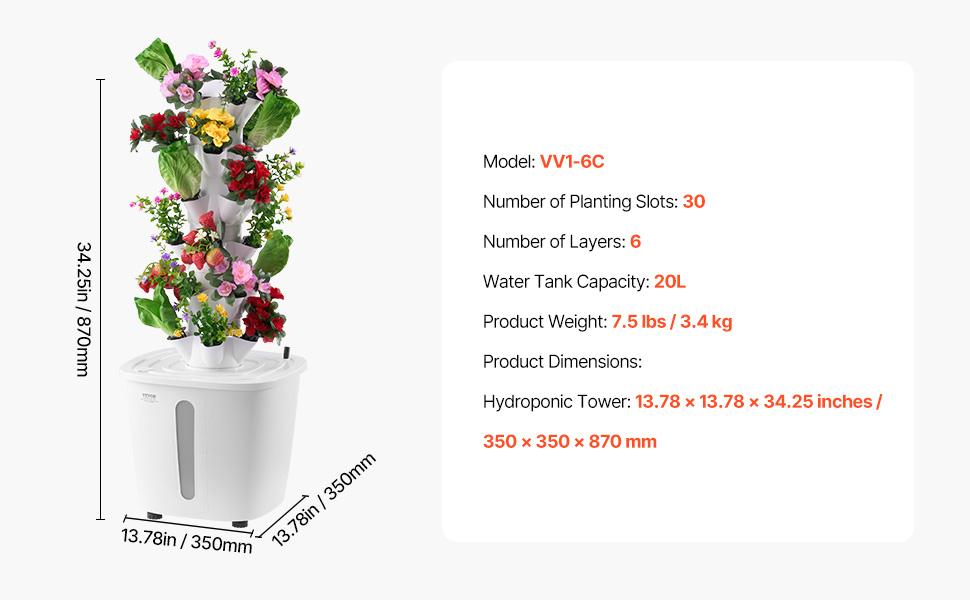 VEVOR Hydroponic Growing System, 30 Pods Vertical 6 Tiers Hydroponic Tower, Home Hydronic Garden with Water Pump Timer, Water Circulation Plants Germination Kit for Indoor Herbs Fruits Vegetables