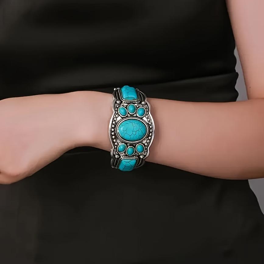 Women's Vintage Bohemian Natural Turquoise Round Bangle - Ethnic Theme, Beading Detail, Boho Beadwork, High-Quality Beads, Unisex Wear, Vacation Casual Accessory, Christmas Valentine's Day Gift Jewelry