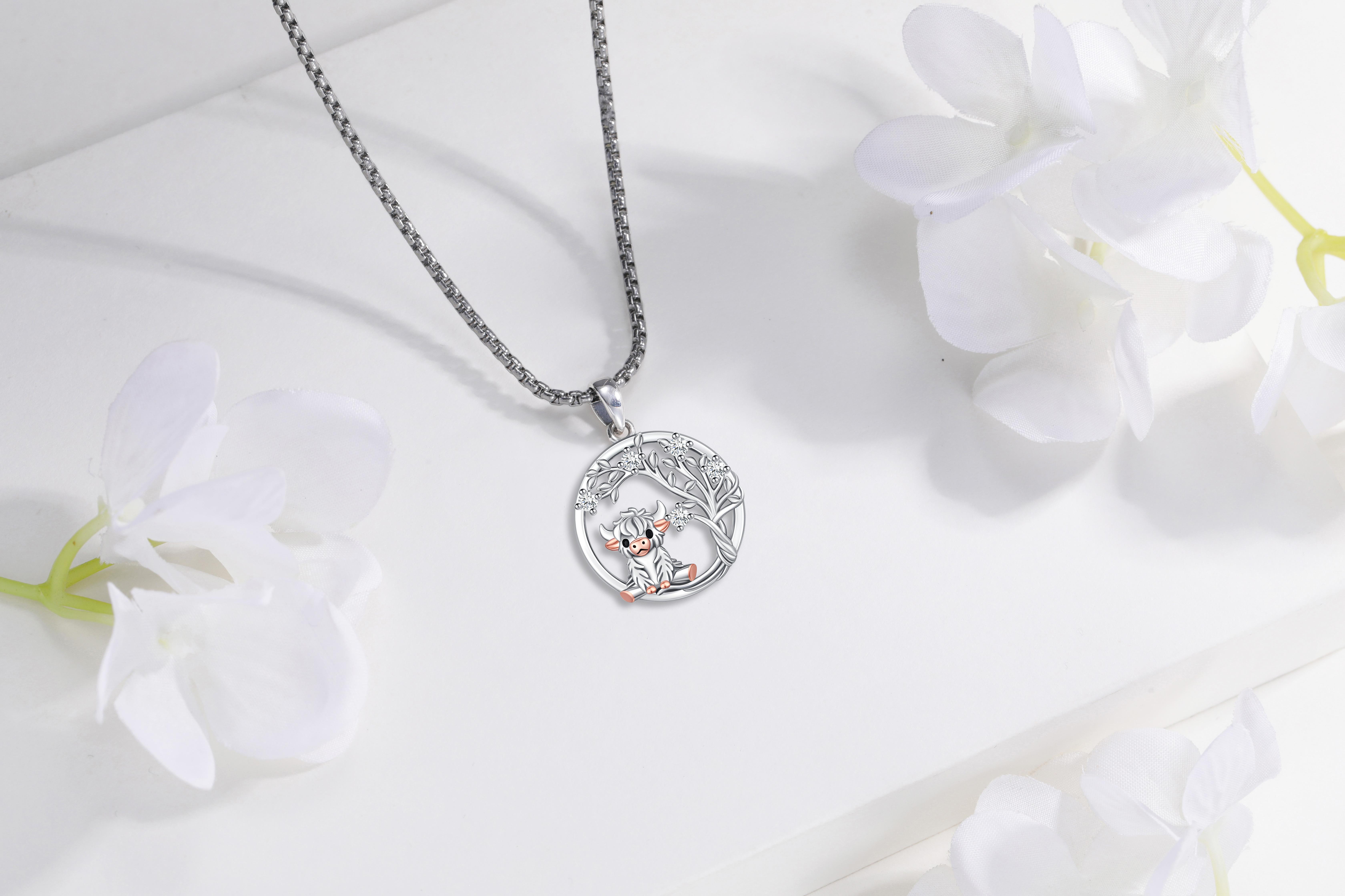 DRINSPER Highland Cow Necklace 925 Sterling Silver Pendant Highland Cow with Tree of Life Yggdrasil Necklace