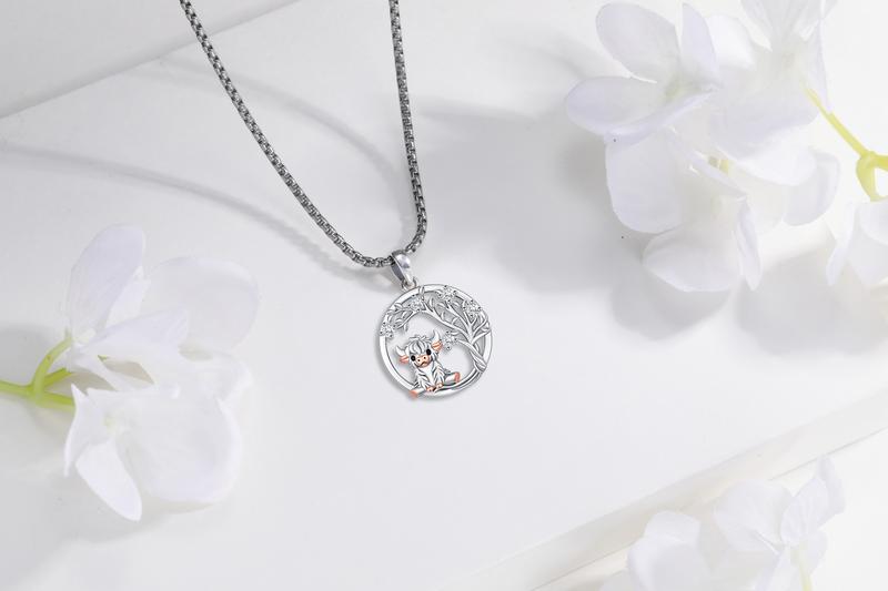 DRINSPER Highland Cow Necklace 925 Sterling Silver Pendant Highland Cow with Tree of Life Yggdrasil Necklace