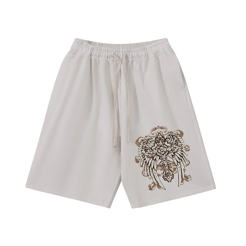 Unisex Vintage Angel Wing Cross Graphic Sweat Shorts Vintage Streetwear Drawstring Loose Five Points Shorts Summer Washed Casual Sports Shorts