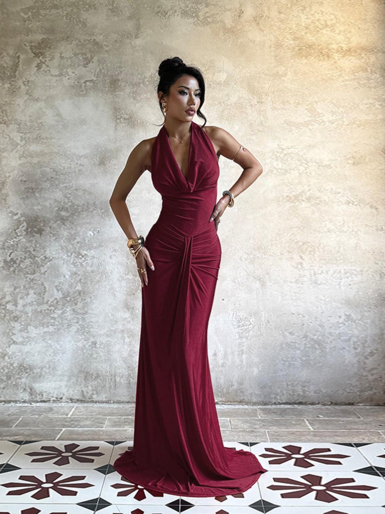 Elegant Halter Neck Stand Collar Dress, Backless Design, Perfect for Special Occasions, Evening Wear & Formal Wear, Stylish Women's Gown