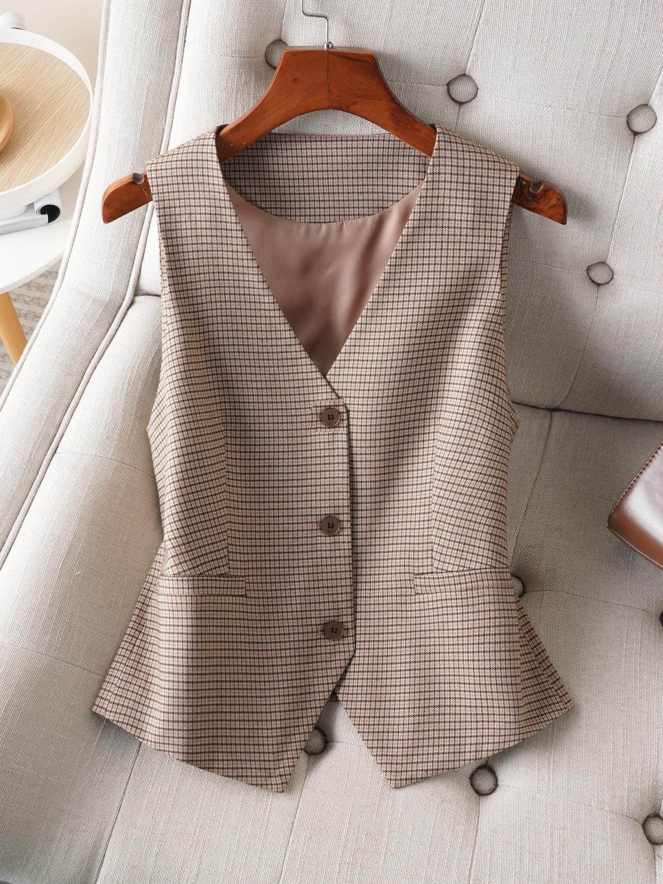 Women's Plaid Print Button Front Vest Blazer, Casual V Neck Sleeveless Waistcoat for Work Office Business, Ladies Spring & Fall Clothes, Formal Wear