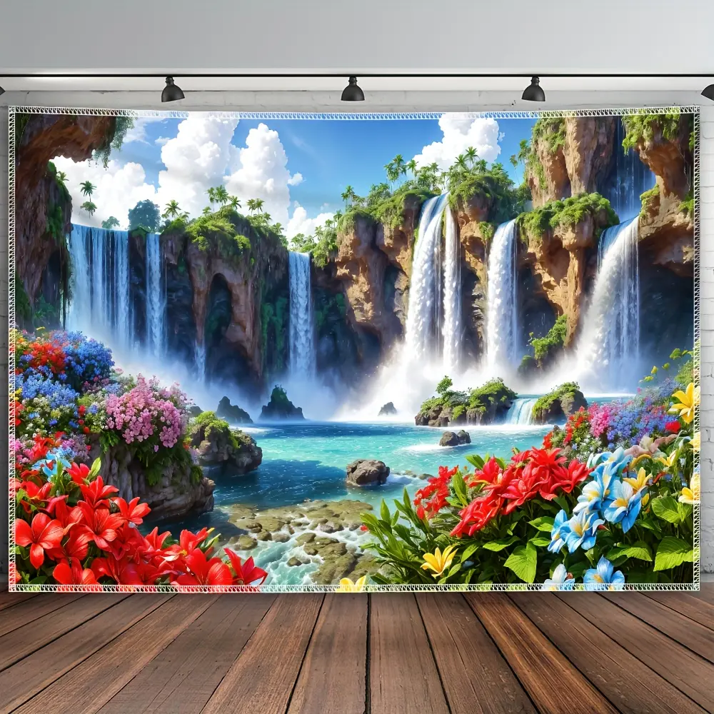 2D Flat 1pc Ultra Large Mountains Rivers Waterfall & Fresh Flower Tapestry Wall Hanging, Polyester Photo Background Cloth with Free Hanging Clips, for Living Room, Bedroom, Office, Party Decor & Live Streaming Background