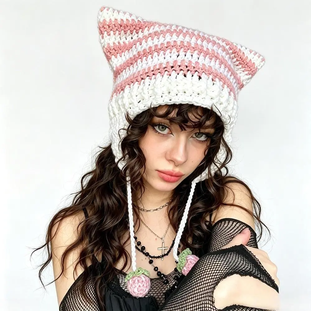 Women's Striped Cat Ear Crochet Knit Beanie, Handmade Earflap Winter Hat with Tassel Tie Strings, Cute Novelty Warm Hat for Daily Casual Outfits