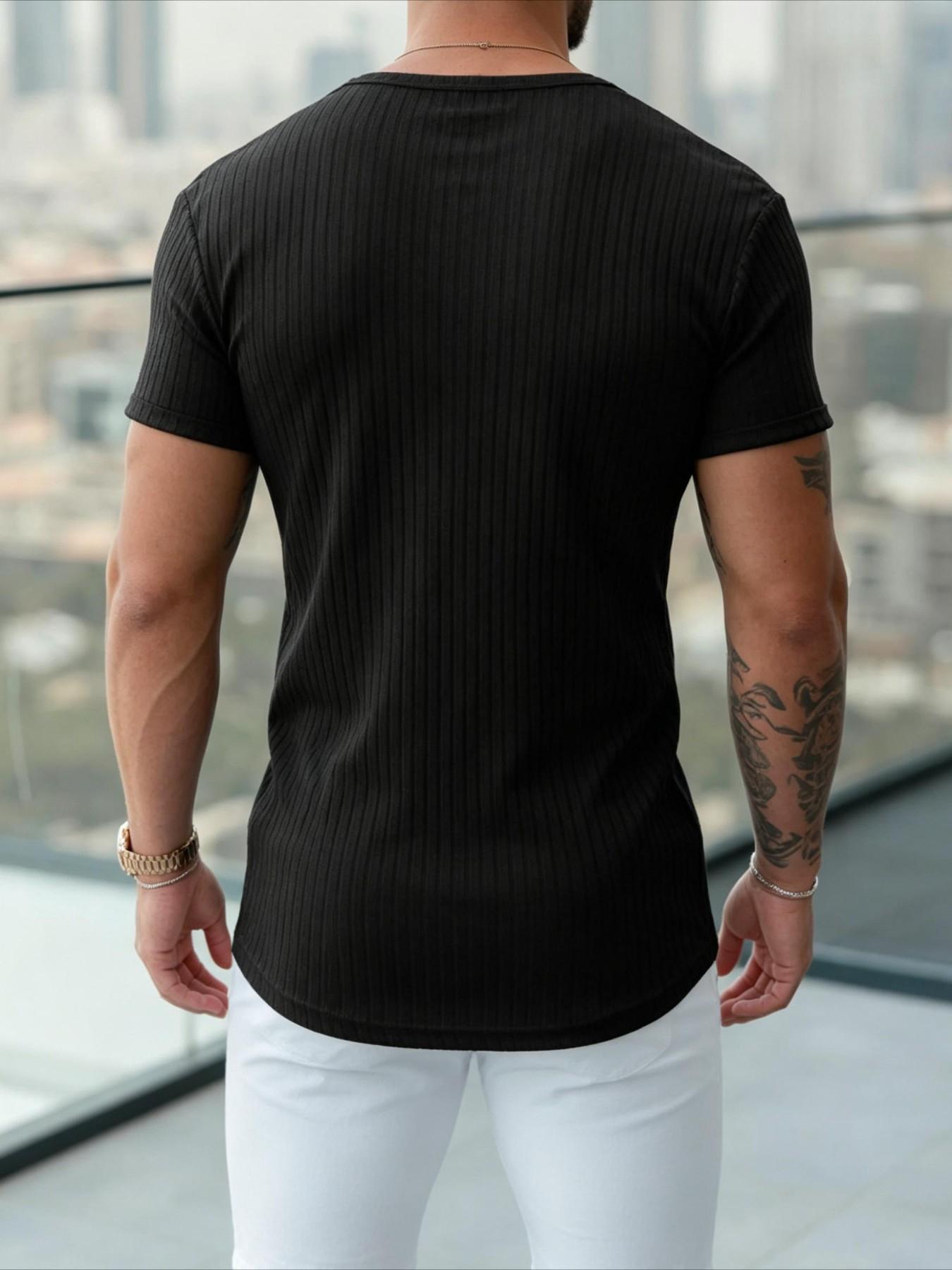 Men's Slim-Fit Ribbed Knitted Round Neck Short Sleeve T-Shirt, Casual Sport Plain Summer Daily Wear Top, Long Clothing