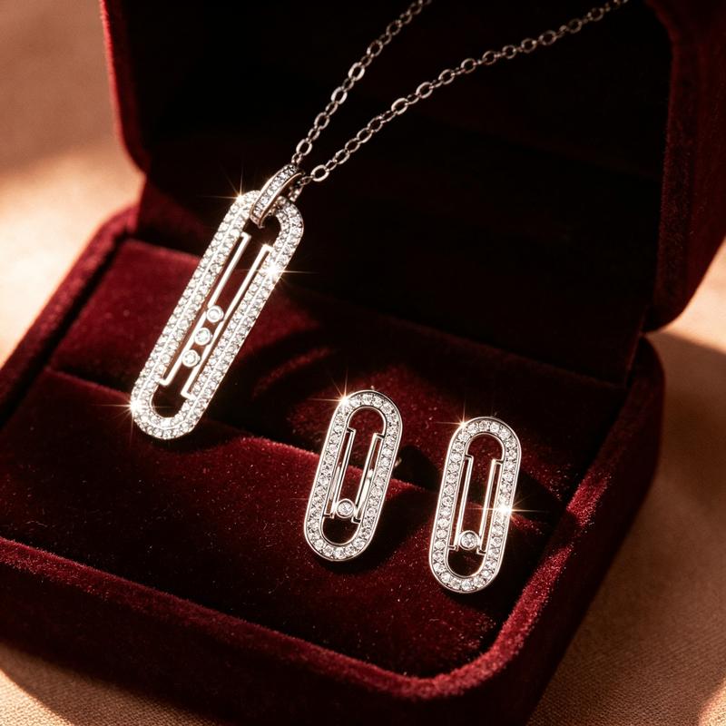 Women's 2-Piece Paperclip Shape Costume Jewelry Set - Sparkling Inlaid Pendant Necklace, Matching Studs, Bling Effect Accessory, Necklace Gift Set for Dating, Party-Ready Jewelry for Women