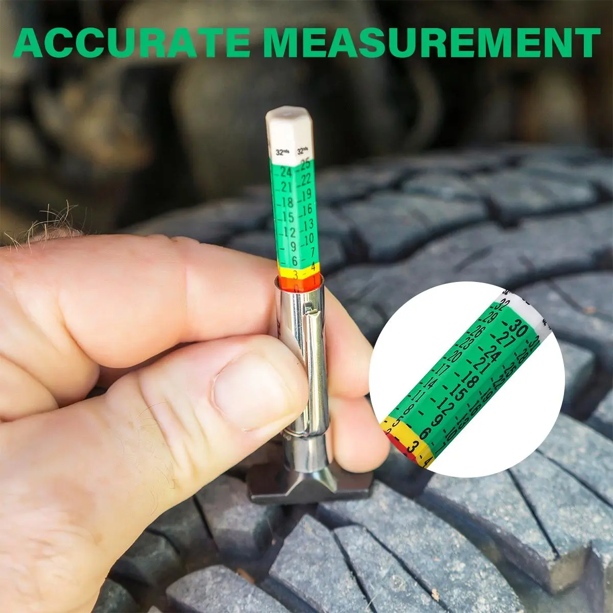 Car Tire Tread Depth Gauge - 25mm Color-Coded Dual Scale (mm & 32nds) Display, Drop-Proof, Portable Pocket-Size, High-Precision Wear-Resistant, Universal Fit for Sedan SUV, Essential Pre-Trip Safety Tool