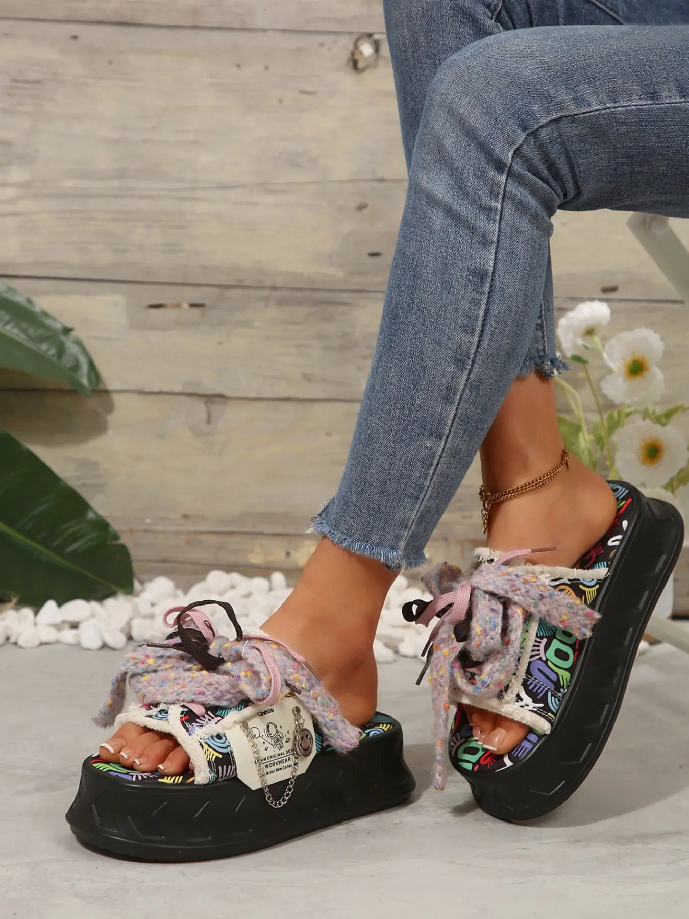 Summer New Colorful Graffiti Print Open-Toe Sandals, Textile Butterfly Knot Metal Chain Decor, Thick Sole Platform Shoes for Women