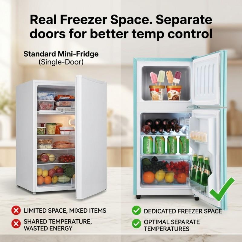 Vintage 3.5 Cu.Ft 2-Door Compact Fit Fridge-Freezer with Chrome Handles & Curved Edges, Retro Compact Refrigerator for Bedroom Dorm Apartment