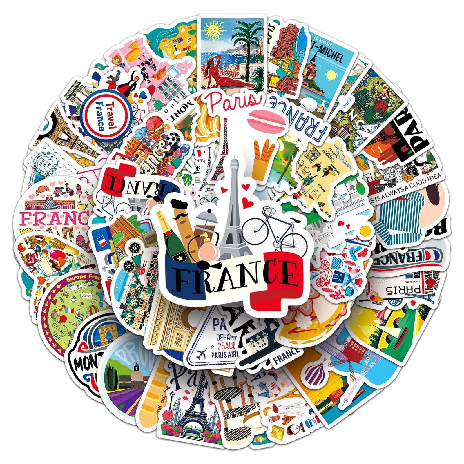 50pcs France Travel Stickers, Paris Landmark Waterproof Vinyl Decals, French City Travel Stickers for Laptop, Water Bottle, Luggage, Europe Travel Gift Pack