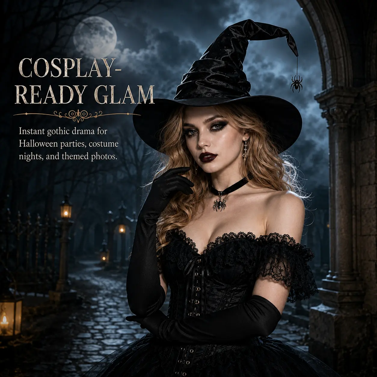 Halloween Witch Costume Accessories Set for Women, Gothic Witch Hat with Spider or Bat Charm, Long Black Opera Gloves, Velvet Choker Necklace, Temporary Tattoo Sheets, Cosplay Party Costume Kit for Halloween, Masquerade, Stage & Photo Props Dress Up